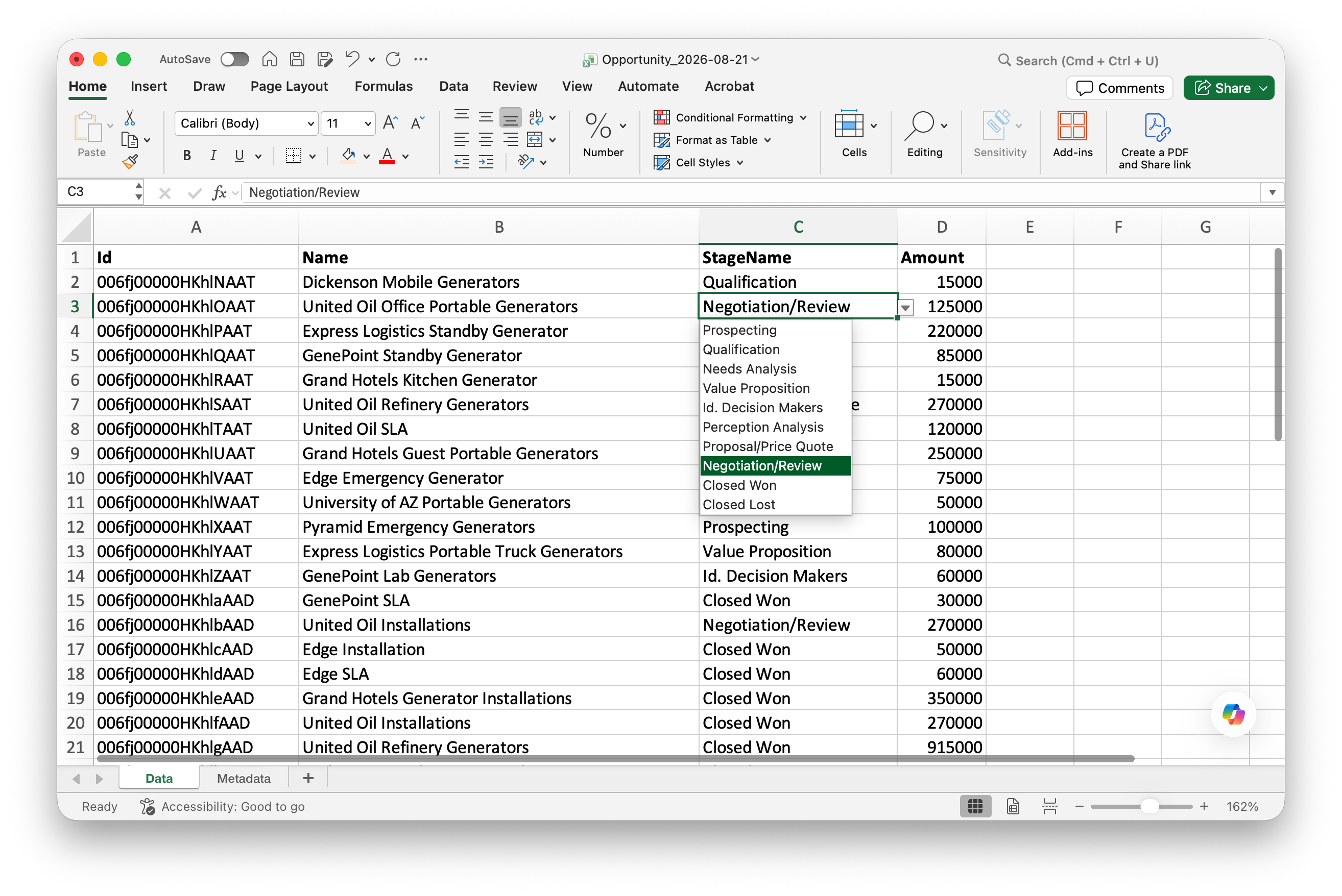 An exported Upcells file open in Excel, with the StageName cell's data-validation dropdown showing the Salesforce picklist values